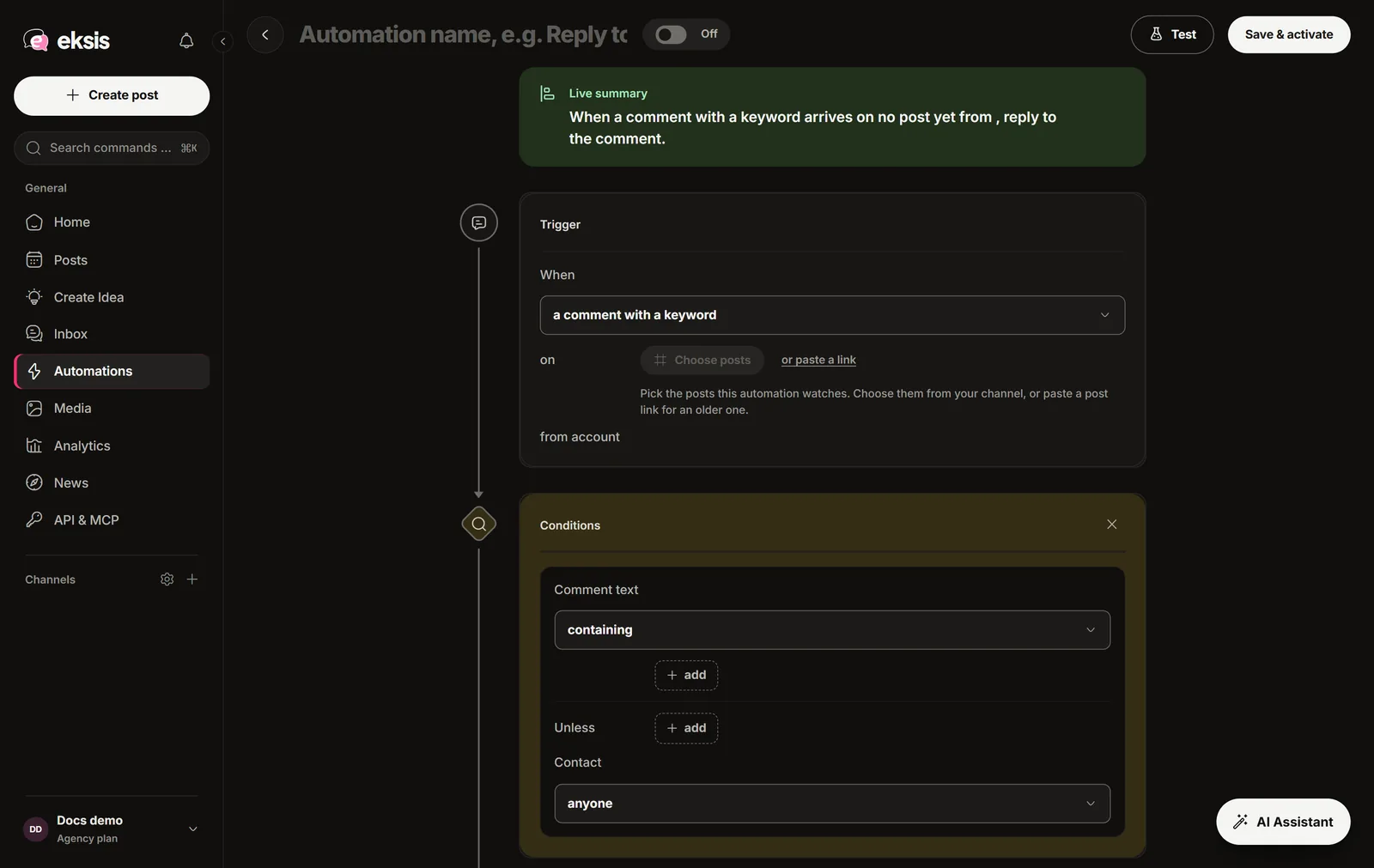 The automation builder: a live summary at the top, then the Trigger and Conditions steps