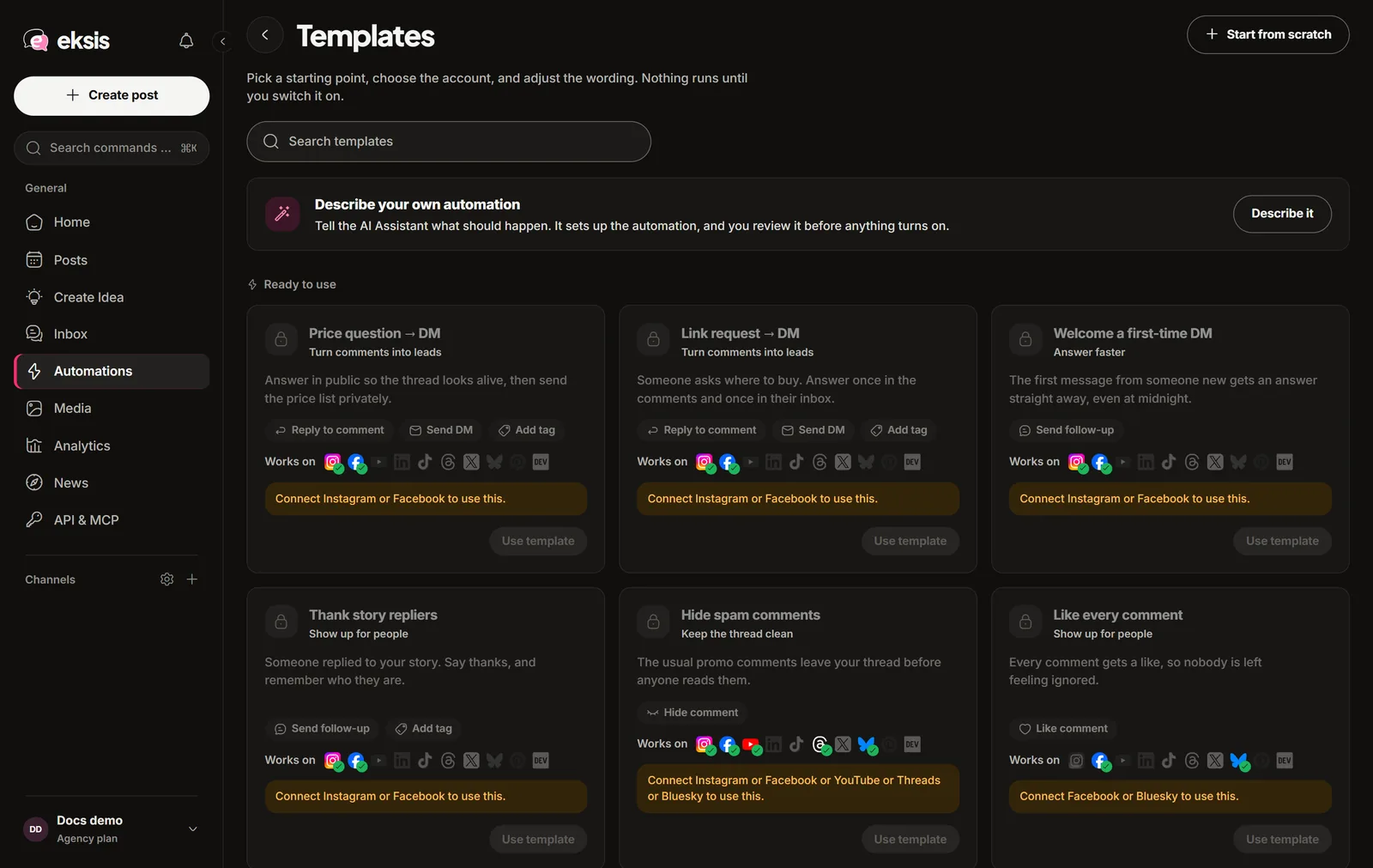 The Templates screen with the six ready-to-use templates and the networks each one works on