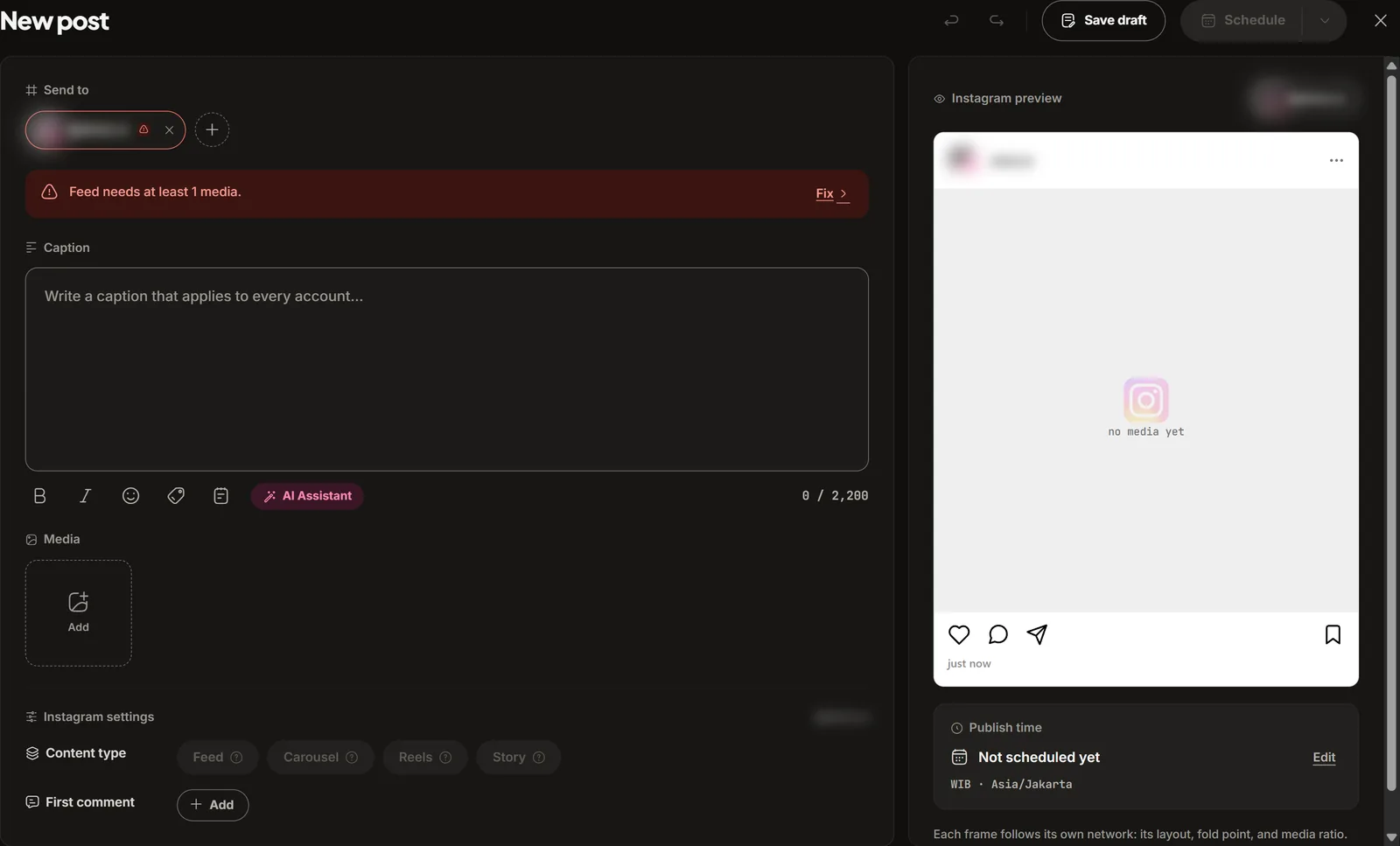 The composer with one Instagram channel picked, the error Feed needs at least 1 media with its Fix link, the caption box, Instagram settings, and the preview
