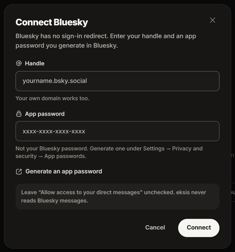 The Connect Bluesky form with the Handle and App password fields