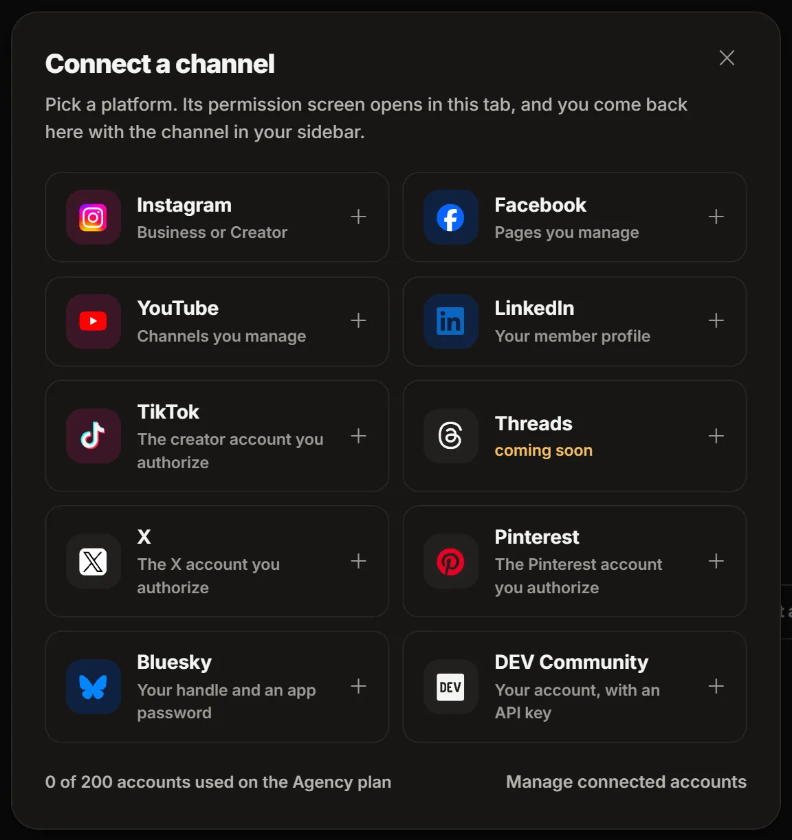 The Connect a channel dialog, with one card per network