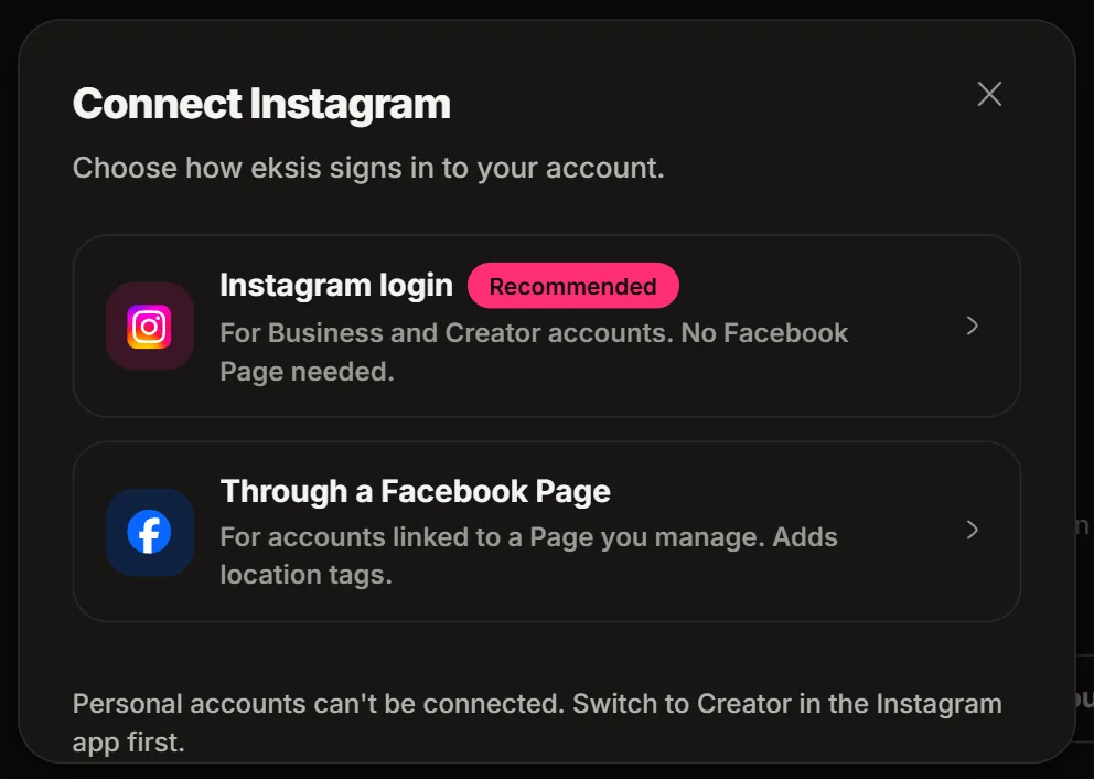 The Connect Instagram window with Instagram login and Through a Facebook Page