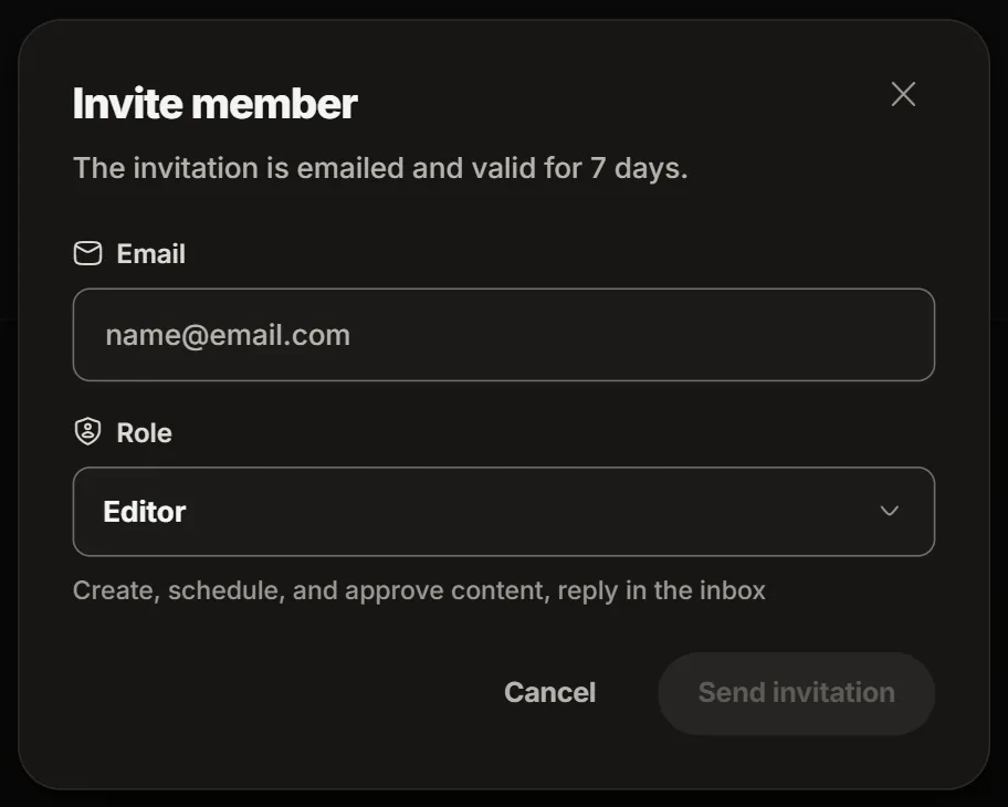 The Invite member dialog with the Email and Role fields