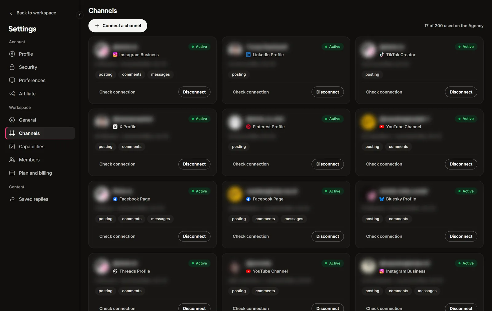 Settings, Channels: each channel card shows its status, its permissions, Check connection, and Disconnect